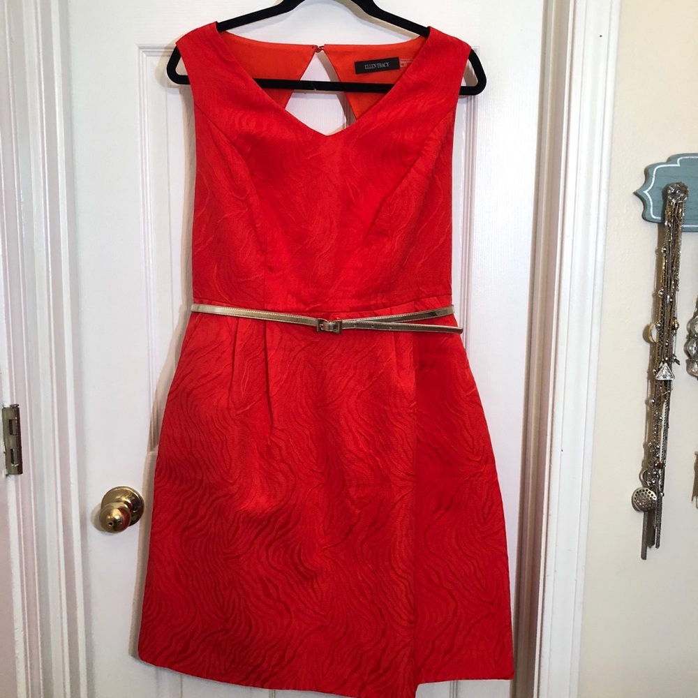 Ellen Tracy Orange-red sleeveless pleated dress